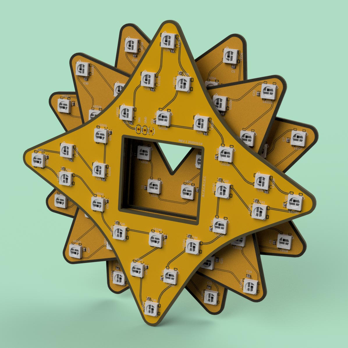 This was rendered from Fusion, by hiding the printed carrier pieces so the boards float in space.